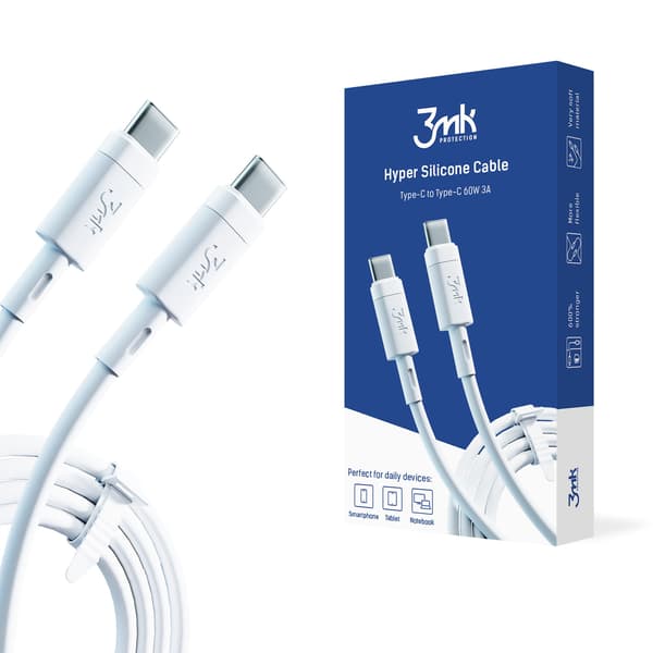 3MK HyperSilicone USB-C / USB-C -kaapeli, valkoinen, 1m, 60W, 3A