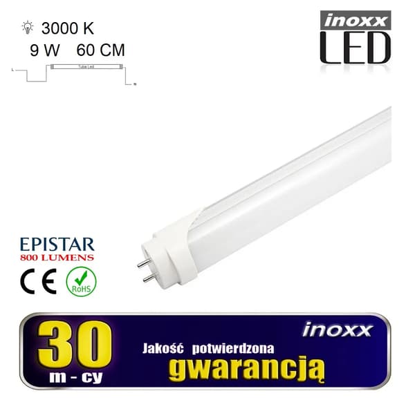 LED-lampa 60cm 9w t8 3000k g13 varm