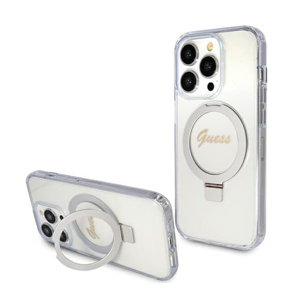 Original GUESS Hardcase GUHMP15LHRSGSD för iPhone 15 Pro (Kompatibel med Magsafe / Glitter Script Logo / Ringstativ / transparent)