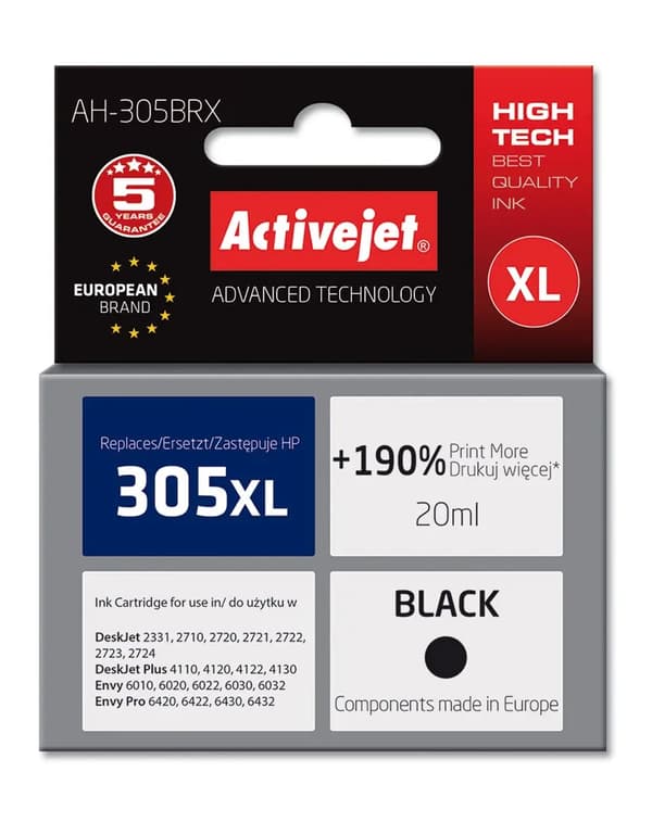 Activejet AH-305BRX (erstatning for HP 305 XL 3YM62AE; Premium; 20 ml; sort)
