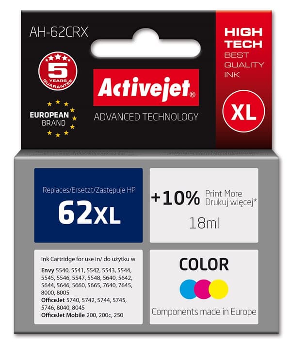 Activejet AH-62CRX (erstatning for HP 62XL C2P07AE; Premium; 18 ml; farve)