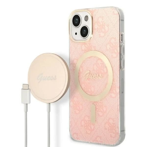 Originalt GUESS GUBPP14SH4EACSP sæt til iPhone 14 (Bundle Pack Magsafe: Cover + Oplader / 4G / Guld - Pink)