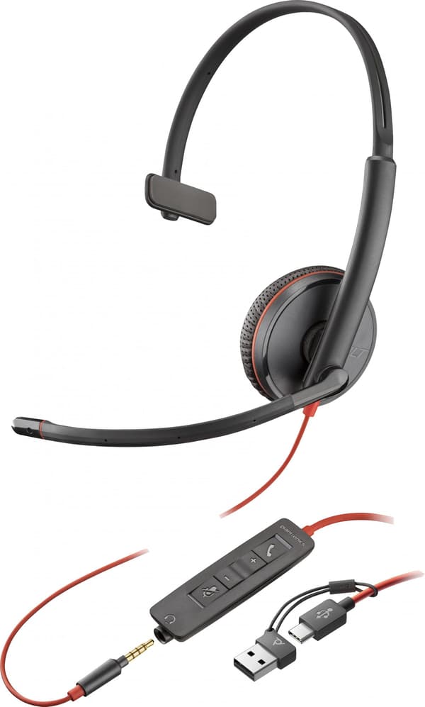 Poly Blackwire 3215 monokuuloke USB-C-kuulokemikrofoni +3,5 mm pistoke +USB-C/A-sovitin