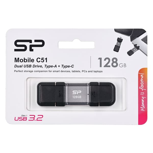 USB-minne Silicon Power Mobile C51 128GB USB-A USB 3.2 Typ-C 120Mbps Silver