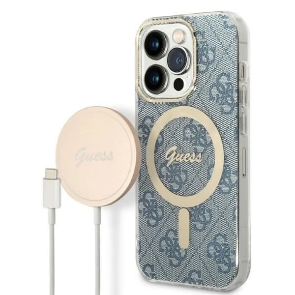 Originalt GUESS GUBPP14XH4EACSB sæt til iPhone 14 Pro Max (Bundle Pack / Kompatibel med Magsafe: Cover + Oplader / 4G / Guld - Blå)