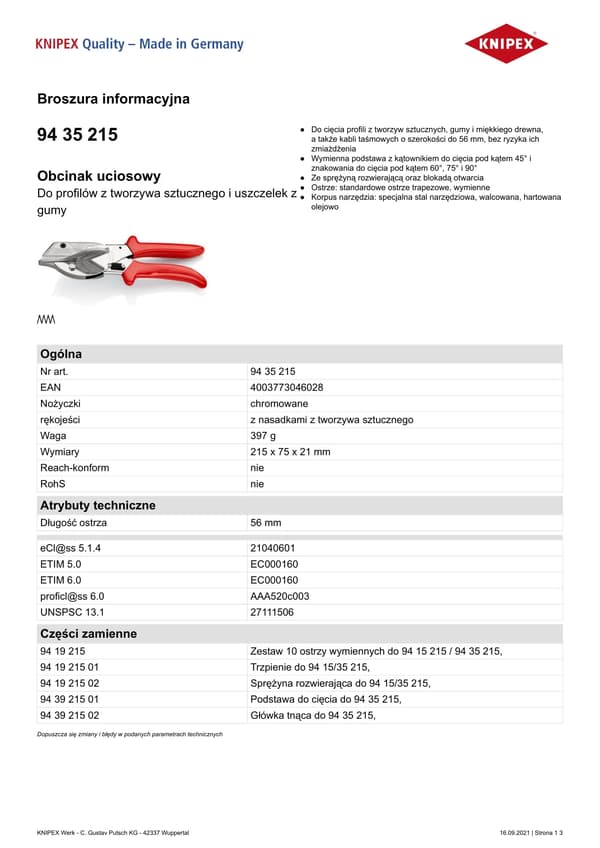 KNIPEX jiirisakset 215 mm