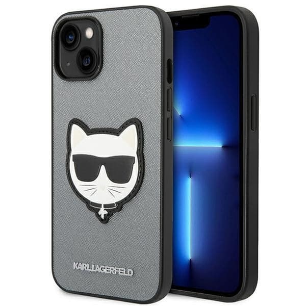 Karl Lagerfeld Saffiano Choupette Head Patch Cover til iPhone 14 Plus - Sølv