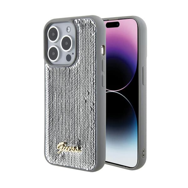 Guess GUHCP15XPSFDGSS-fodral för iPhone 15 Pro Max 6,7\" svart/silver hardcase Sequin Script Metal