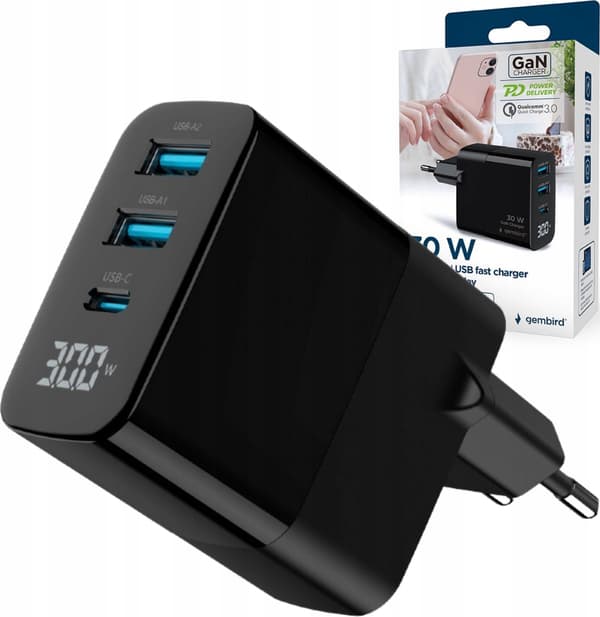 GEMBIRD pikalaturi GaN 3x USB 30W 2x USB-A + USB Type-C LCD musta