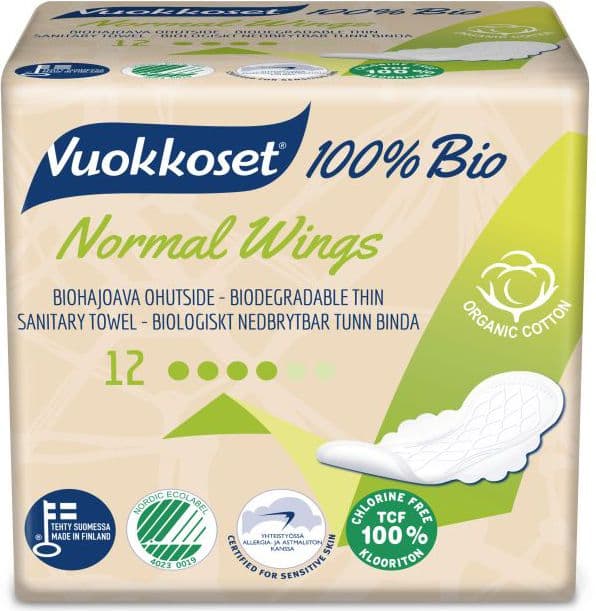 Vuokkoset Hygiejnebind med vinger Normal 100% Bio, 12 stk.