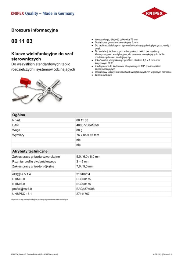 KNIPEX-ohjauskaapin avain