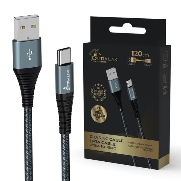 Extralink Smart Life 15W, USB-A - USB-C, 120cm, nailonpunos, 5V 2.4A/3A, musta