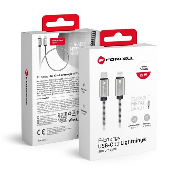 USB C - Lightning-kaapeli Forcell F-Energy PD 3A 27W Metal 2 m C238 hopea