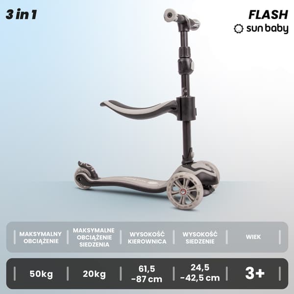 Flash 3in1 LED-tasapainoskootteri lapsille - pulveri harmaa