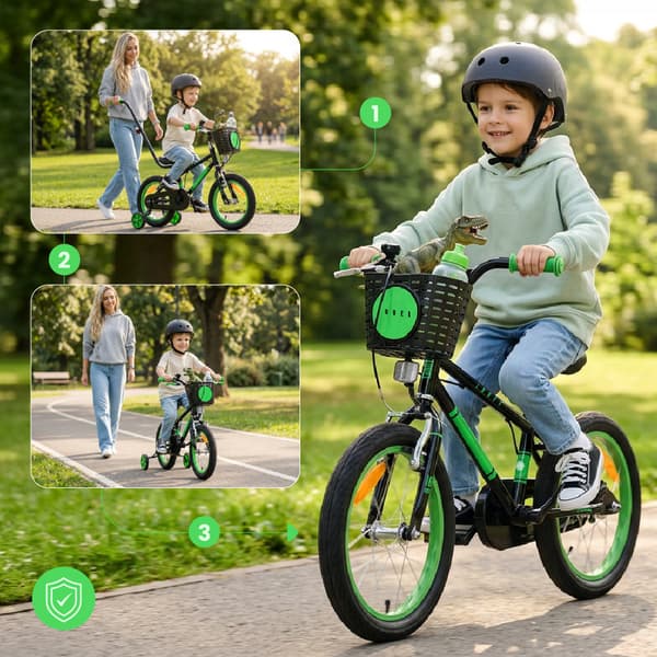 16 tommer børnecykel til dreng 4 5 6 år LOVEL sort grøn