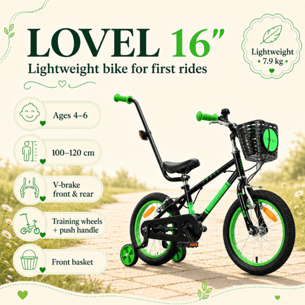 16 tommer børnecykel til dreng 4 5 6 år LOVEL sort grøn