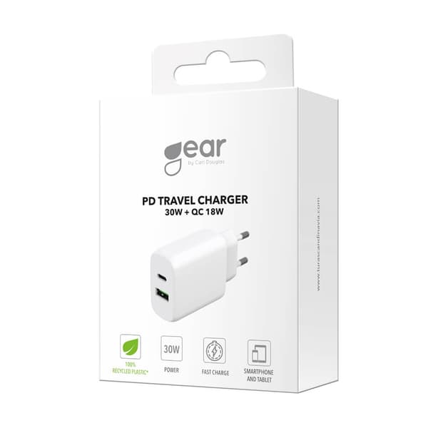 Gear Laddare 220V 1xUSB-C + 1xUSB-A PD/PPS 30W + 18W QC Vit