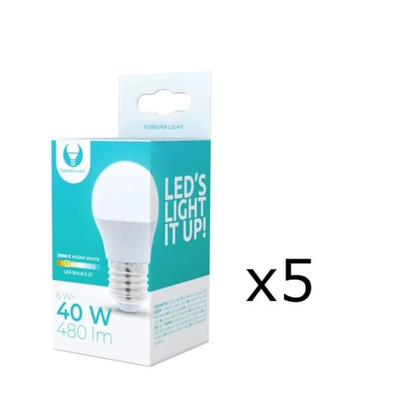 LED-lampe E27, G45, 6W, 3000K, 5-pakning, varm hvit