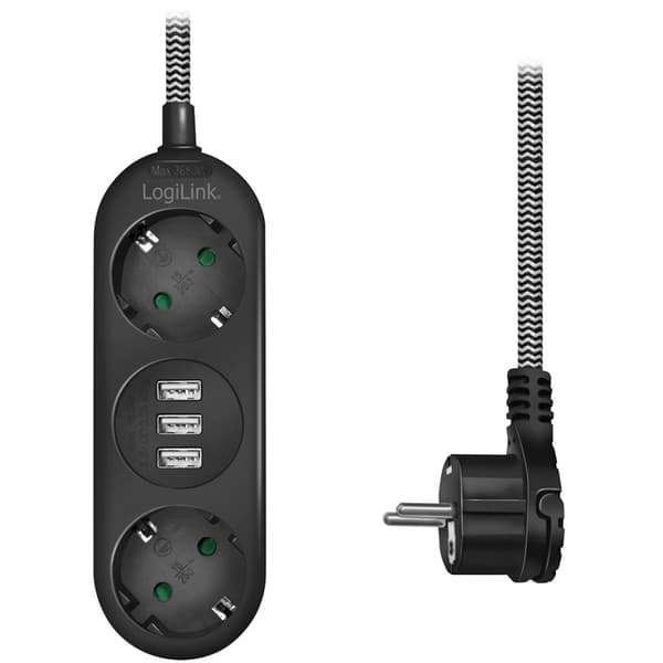 LogiLink Strømskinne med jording 2-veis 3xUSB Flat plugg
