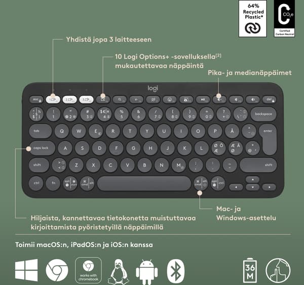 Logitech Pebble Keys 2 K380s -näppäimistö, harmaa