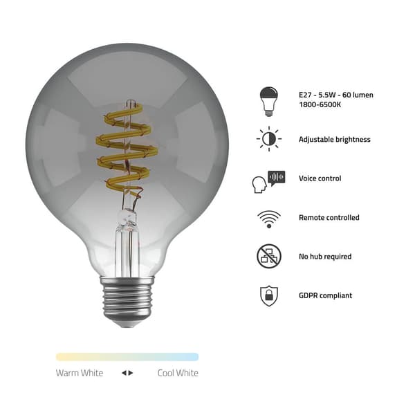 Hombli Smart lampe Filament E27 G95-Smoke CCT