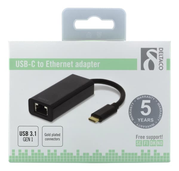 DELTACO, USB 3.1 netværksadapter, 1xRJ45, 1xUSB-C han, sort