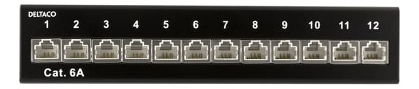 DELTACO Patchpanel, 12xRJ45, Cat6a, väggmonterbar, 10Gbps, svart