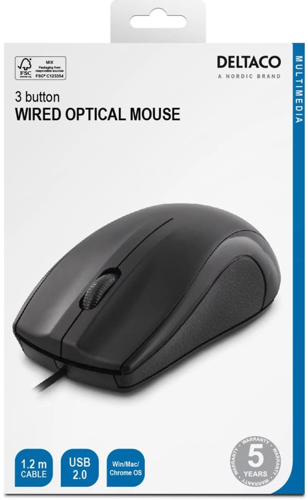 DELTACO optisk mus med ledning, 3 knapper med scroll, 1.200 DPI, USB 2