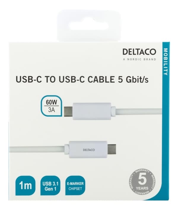 DELTACO USB-C til USB-C-kabel, 1 m, 1,5 A, USB 3.1 Gen, E-Marker, hvit