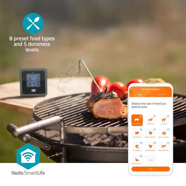 Nedis SmartLife kötttermometer | Buzzer / Push notification | Bluetooth® | Timer | LCD | Antal prober: 2 | 1.20 m | Clips för prober | Nedis® SmartLif