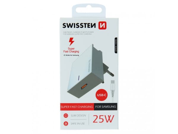 Swissten strømadapter kompatibel med Samsung Quick Charge 25W USB-C, hvit