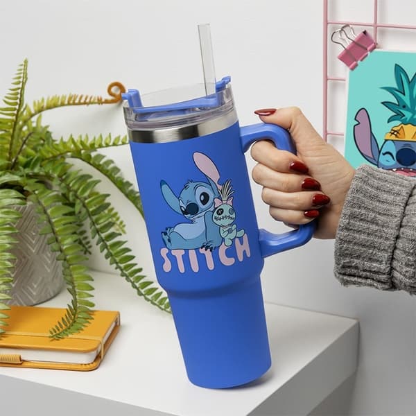 Paladone Stitch blå 900 ml flervägs resemugg och sugrör