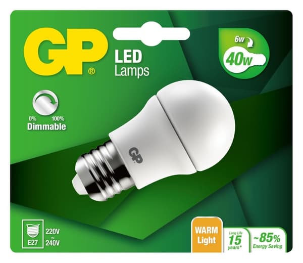 GP LED-lamppu Mini Globe, E27, DIM, 6W (40W), 470lm