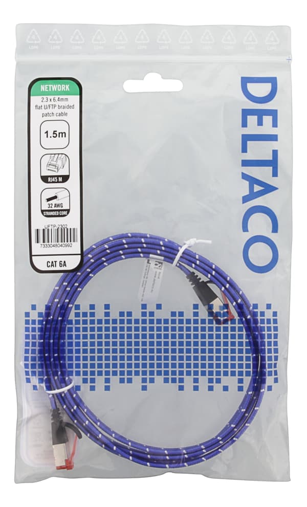 DELTACO laitekaapeli, U/FTP, Cat6a, 1,5m, monilank., litteä, sininen