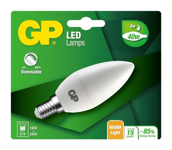 GP LED-lampa Mini Candle, E14, DIM, 6W (40W), 470lm