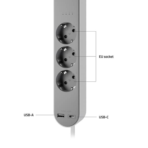 Hombli Smart Stikdåse 3-vejs Grå USB-C & USB-A