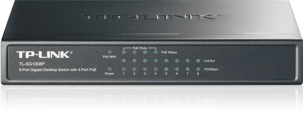 TP-LINK switch, 8x10/100/1000Mbps, RJ45, 4xPoE, 53W, bordmodel, sort