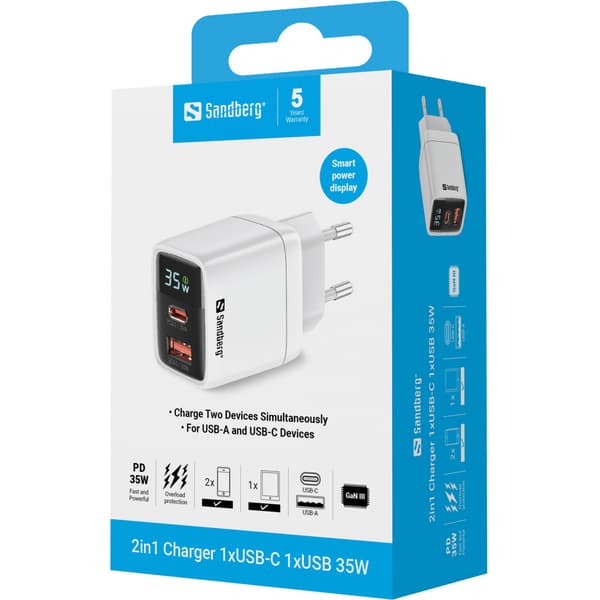 Sandberg 2in1-laddare 1xUSB-C 1xUSB 35W
