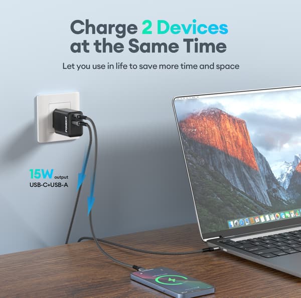 FoneKit Dobbelt 20W-oplader, USB-C + USB-A, sort