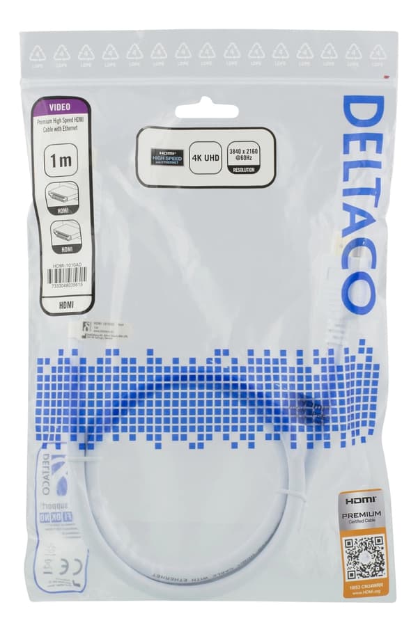 DELTACO High-Speed Premium HDMI cable, 1m, Ethernet, 4K UHD, white