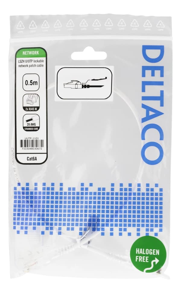 DELTACO U/UTP Cat6A patch cable, 0.5m, 500MHz, lockable, white