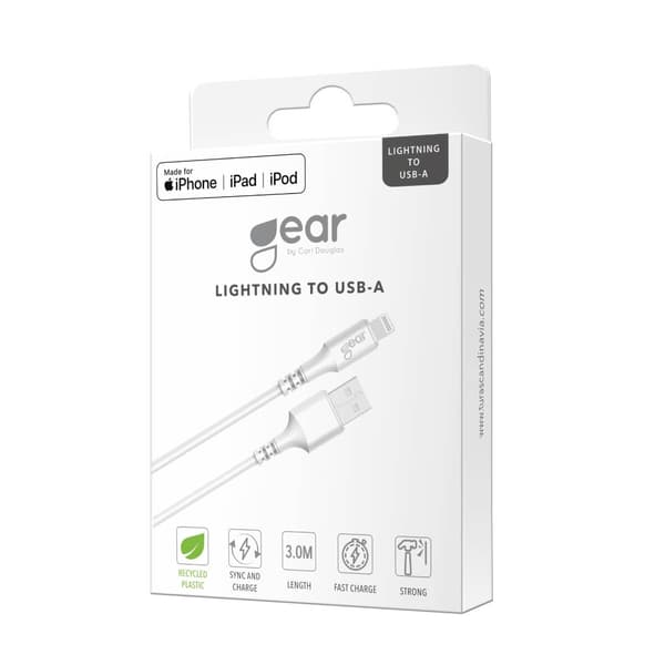Gear Rund ladekabel Lightning til USB-A 3m Hvit MFI