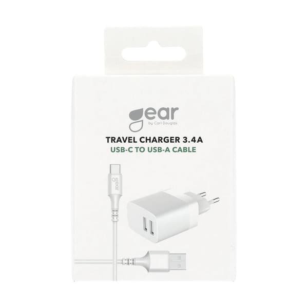 Gear Lader 220V 2xUSB-A 3.4A Hvit USB-C 2.0 kabel 1m