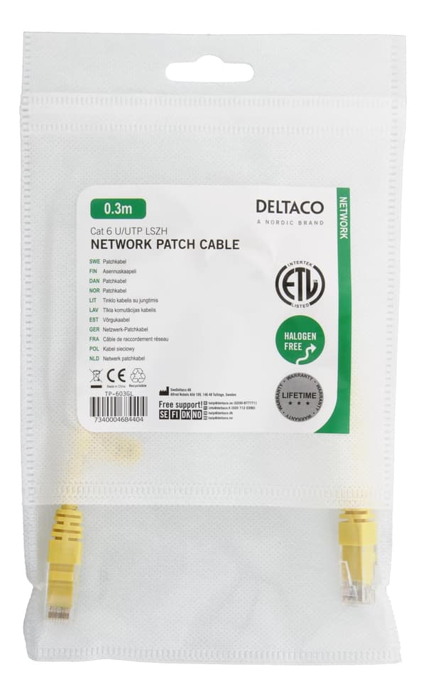 DELTACO U/UTP Cat6 patchkabel 0,3m, gul (TP-603GL)