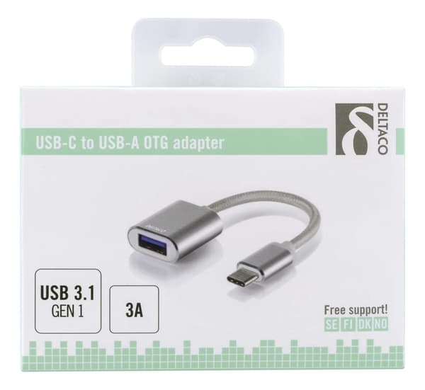 DELTACO USB-C 3.1 Gen 1 til USB-A OTG-adapter, aluminium, salgseske, sølv