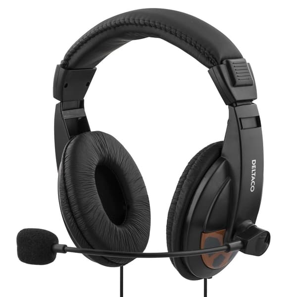 DELTACO, Headset med mikrofon och volymkontroll 2,5m kabel, svart