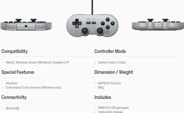 8BitDo SN30 Pro USB -peliohjain, harmaa,  Switch / PC