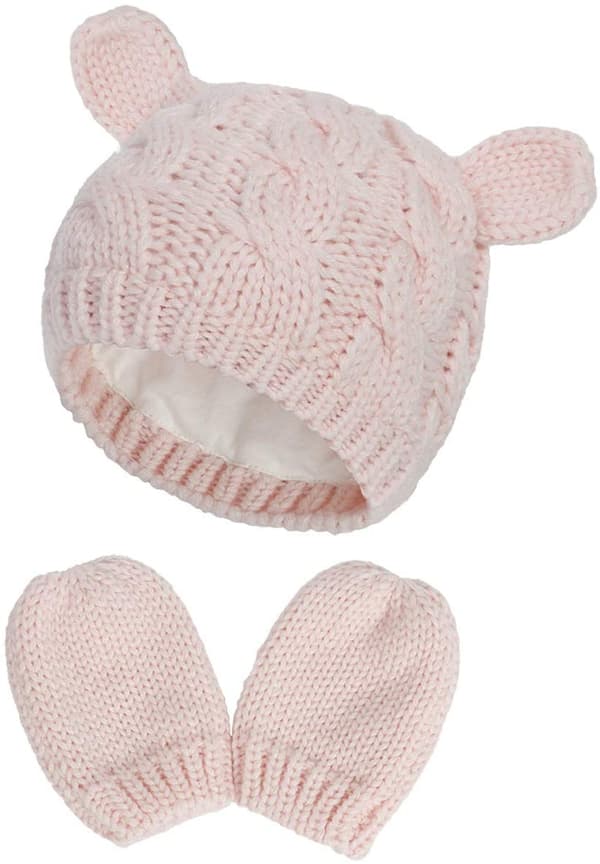 2 x Gulligt stickat set med mössa och vantar för bebis, Medium, Rosa