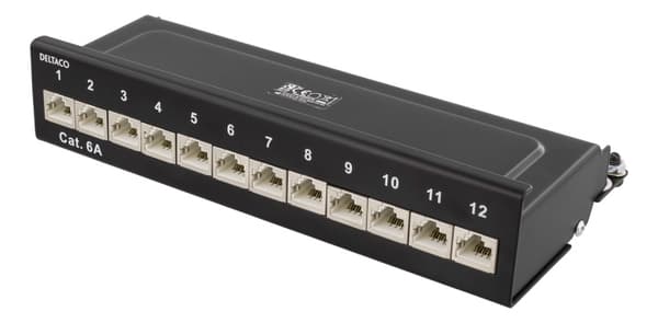 DELTACO Patchpanel, 12xRJ45, Cat6a, väggmonterbar, 10Gbps, svart