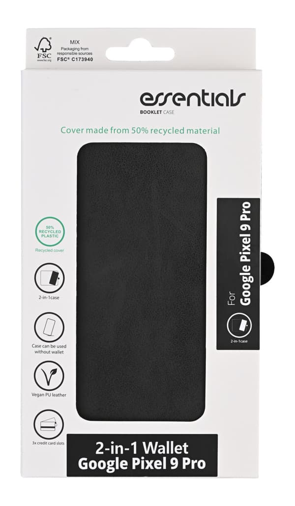 Essentials Google Pixel 9 Pro PU wallet, detachable, 3 cards, black